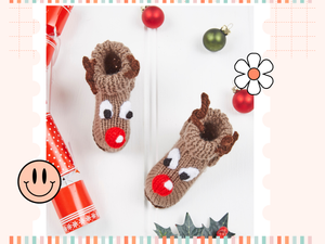 reindeer booties with eyes and large red nose. antlers. brown reindeer booties for baby, boys and girls, baby shoes knitting pattern