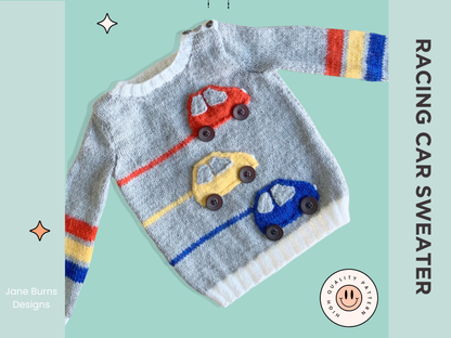 Racing car, baby sweater, car sweater for baby, knitting pattern for baby jumper with cars. Jane Burns 
