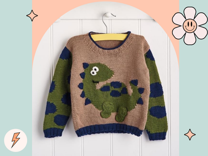 Dinosaur jumper knitting pattern, kids sweater with Dino motif and animal print sleeves. Intarsia knitting pattern for children’s jumper. Jane Burns Designs