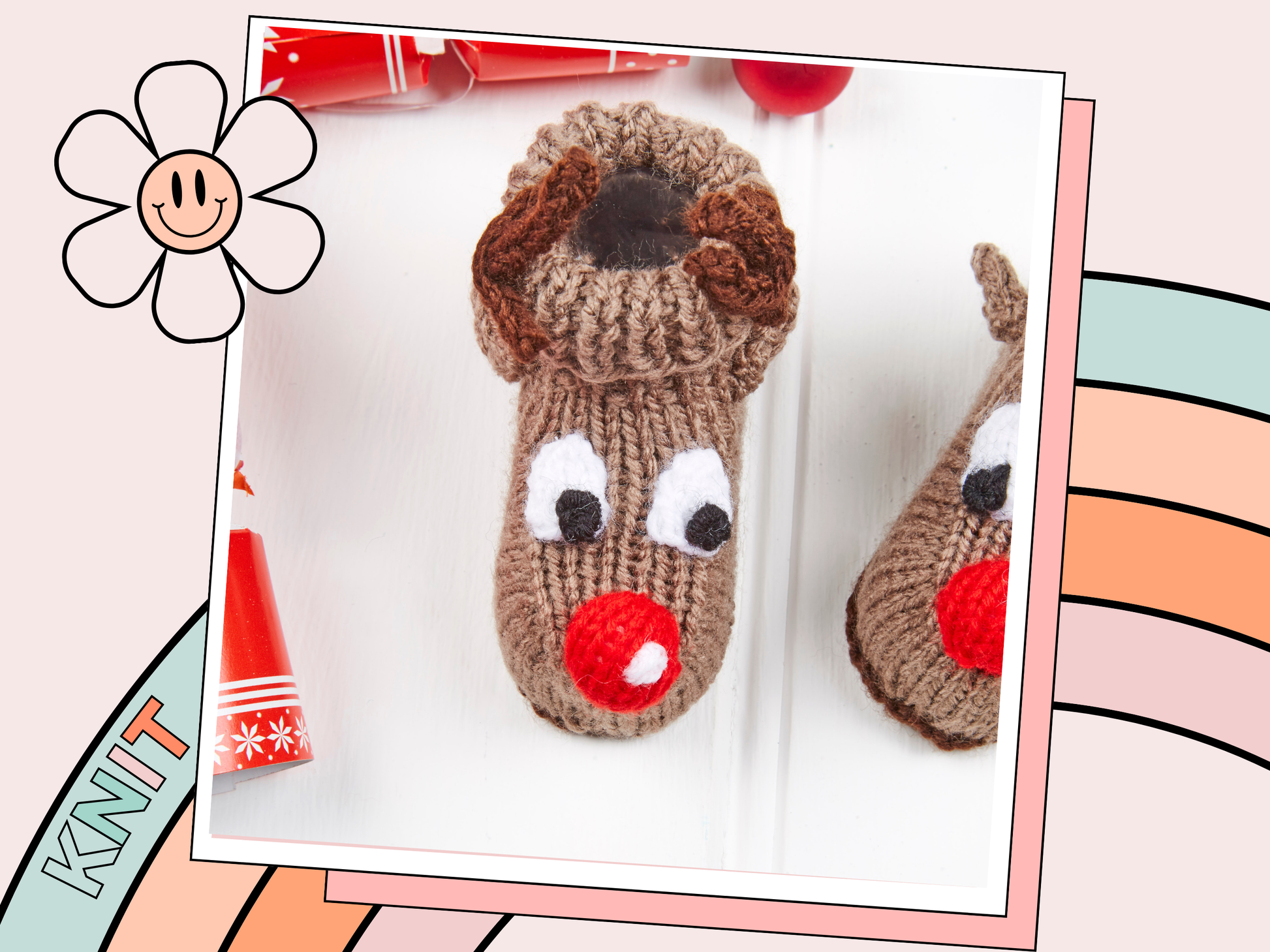 reindeer booties with eyes and large red nose. antlers. brown reindeer booties for baby, boys and girls, baby shoes knitting pattern