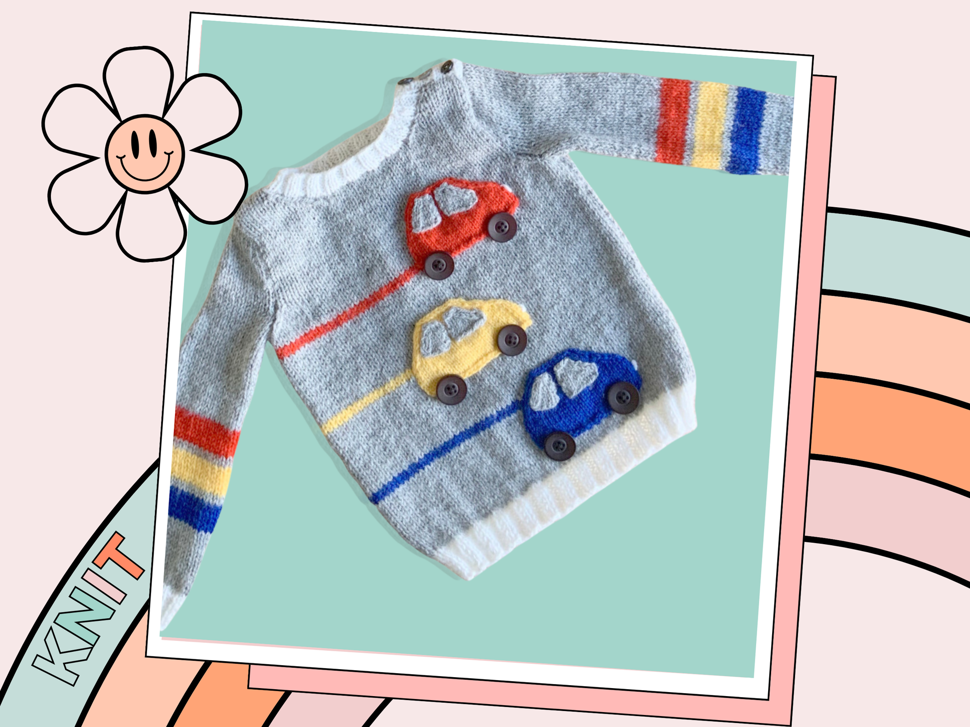 Racing car, baby sweater, car sweater for baby, knitting pattern for baby jumper with cars. Jane Burns 