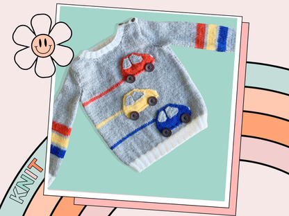 Racing car, baby sweater, car sweater for baby, knitting pattern for baby jumper with cars. Jane Burns 