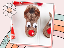 Load image into Gallery viewer, reindeer booties with eyes and large red nose. antlers. brown reindeer booties for baby, boys and girls, baby shoes knitting pattern
