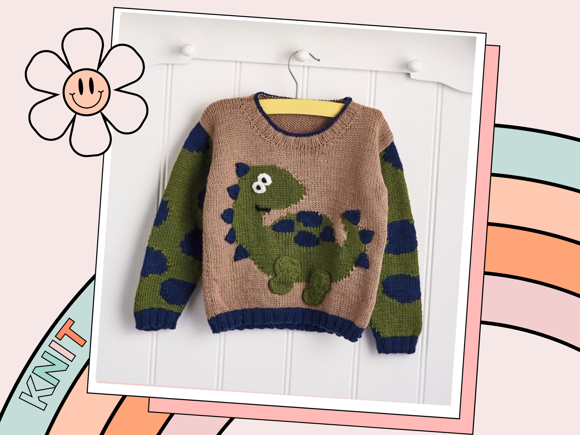 Dinosaur jumper knitting pattern, kids sweater with Dino motif and animal print sleeves. Intarsia knitting pattern for children’s jumper. Jane Burns Designs