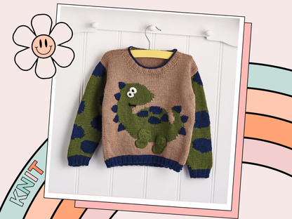 Dinosaur jumper knitting pattern, kids sweater with Dino motif and animal print sleeves. Intarsia knitting pattern for children’s jumper. Jane Burns Designs