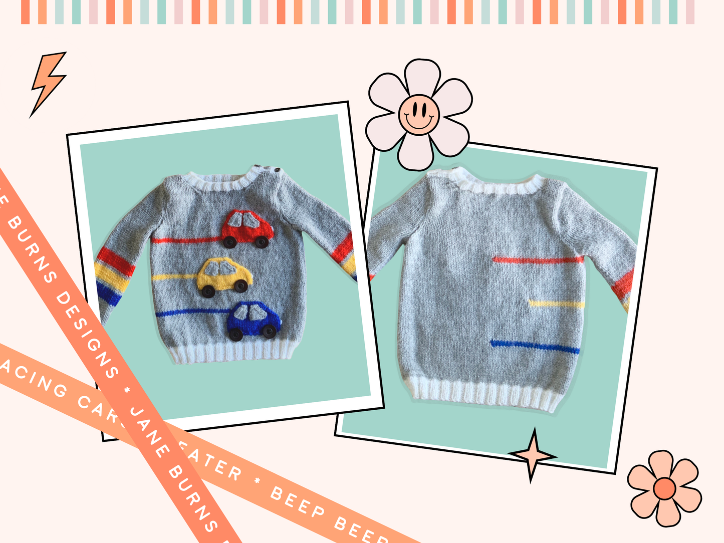 Racing car, baby sweater, car sweater for baby, knitting pattern for baby jumper with cars. Jane Burns 