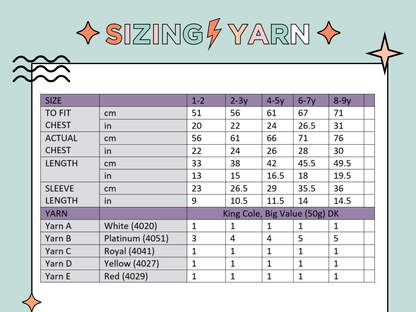 Sizing chart and yarn requirements chart for Little Lorries jumper, knitting pattern Jane Burns