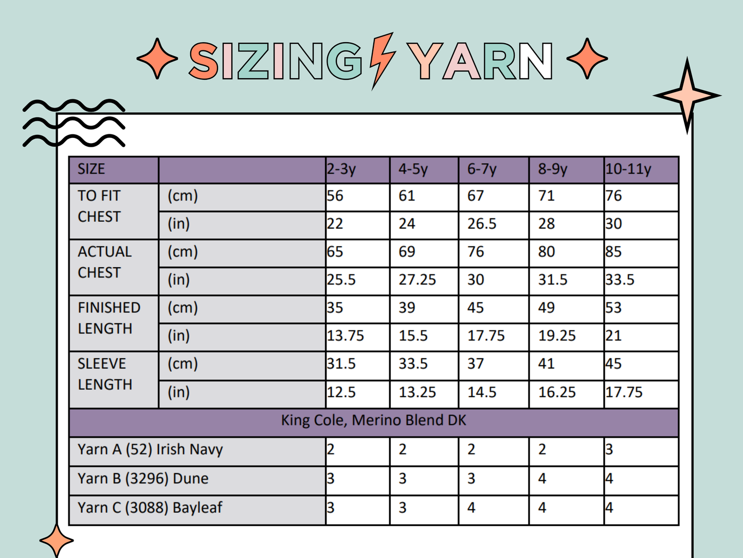 Sizing chart and yarn requirements for boys and girls dinosaur jumper knitting pattern