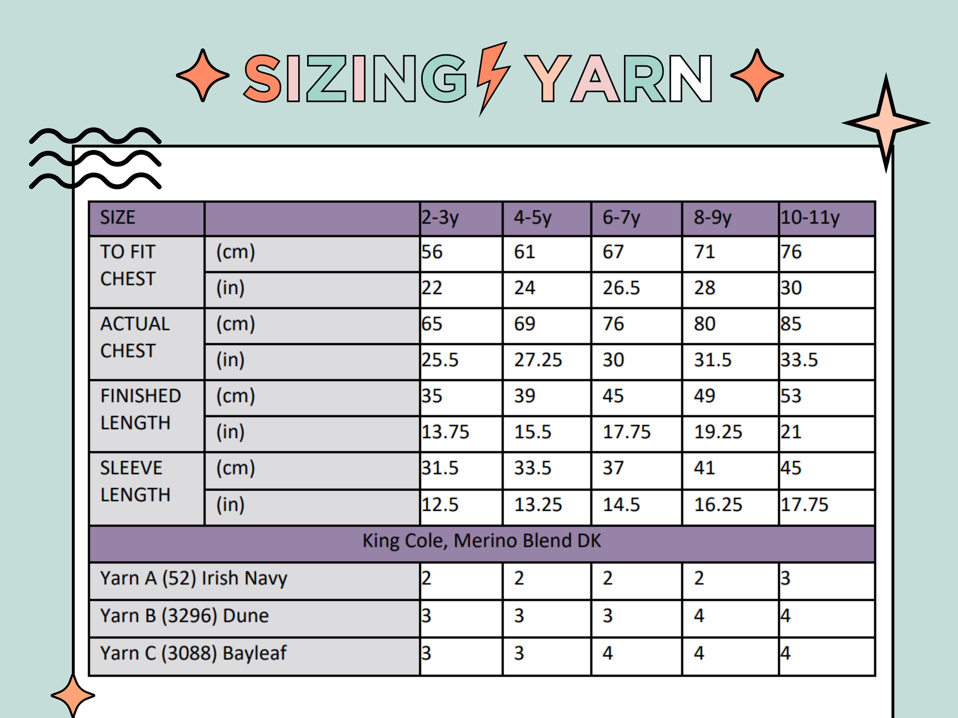 Sizing chart and yarn requirements for boys and girls dinosaur jumper knitting pattern