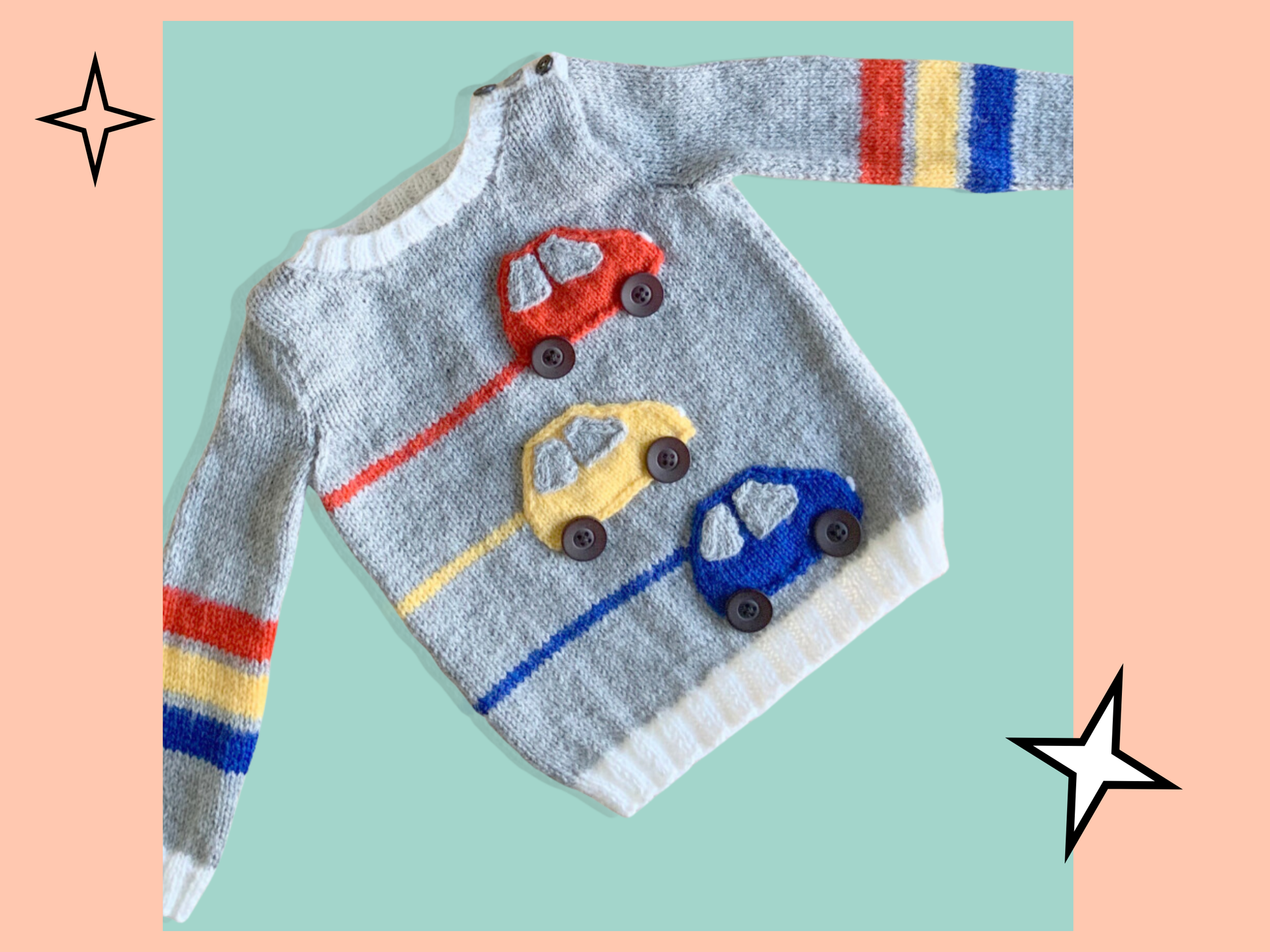 Racing car, baby sweater, car sweater for baby, knitting pattern for baby jumper with cars. Jane Burns 
