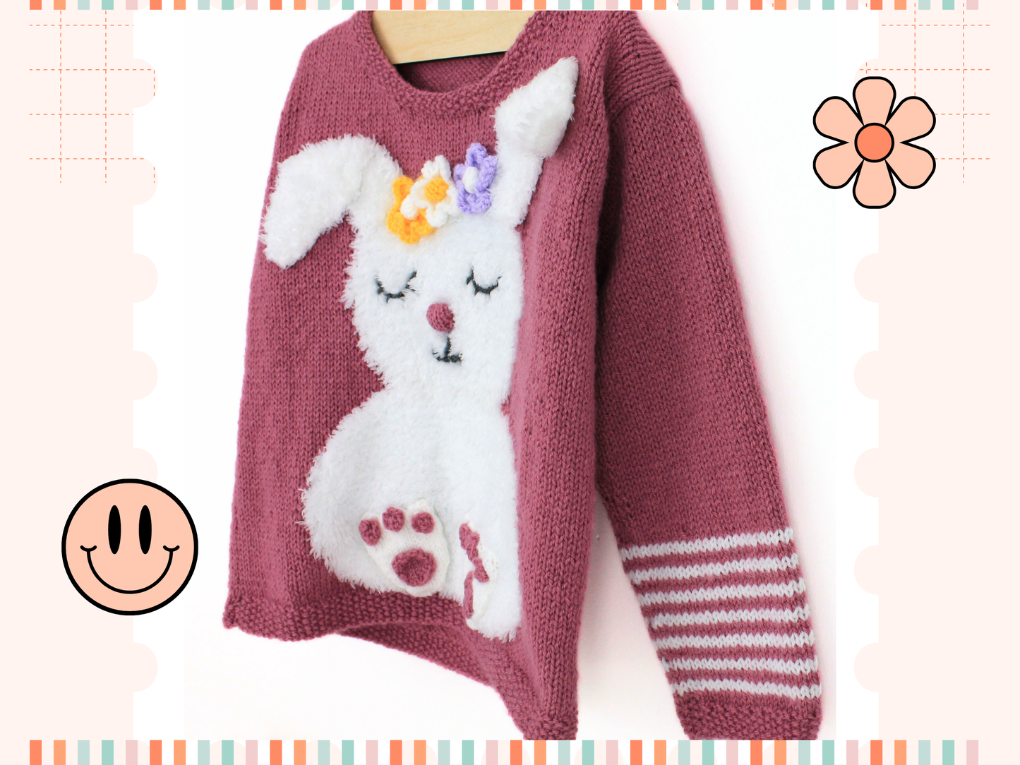 Bunny Toes, Childs Intarsia Rabbit Motif Sweater - Knitting Pattern