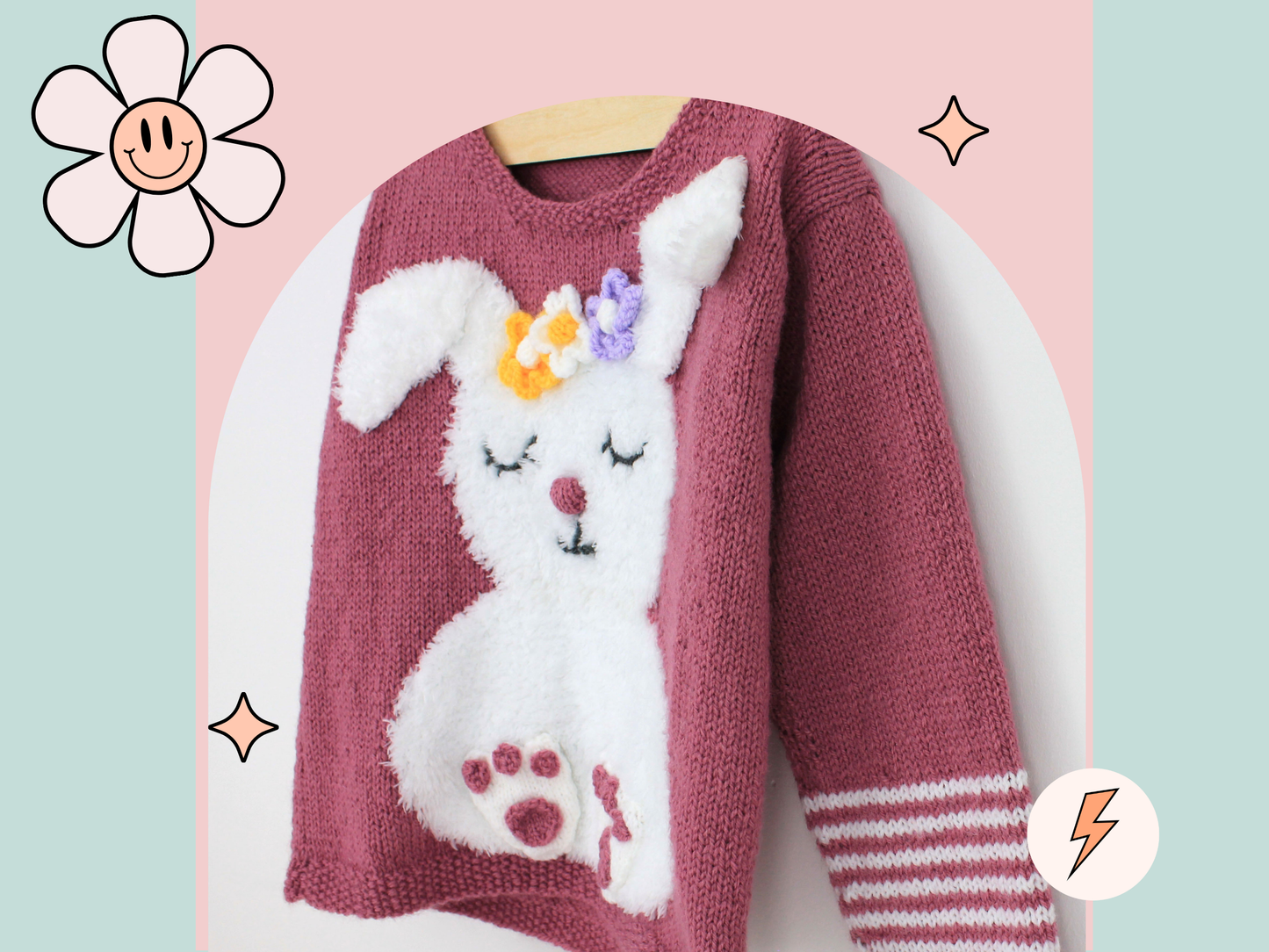 Bunny Toes, Childs Intarsia Rabbit Motif Sweater - Knitting Pattern