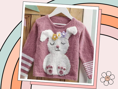 Bunny Toes, Childs Intarsia Rabbit Motif Sweater - Knitting Pattern