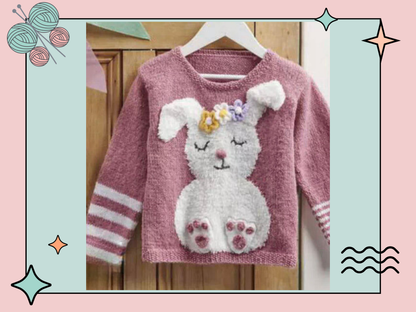 Bunny Toes, Childs Intarsia Rabbit Motif Sweater - Knitting Pattern