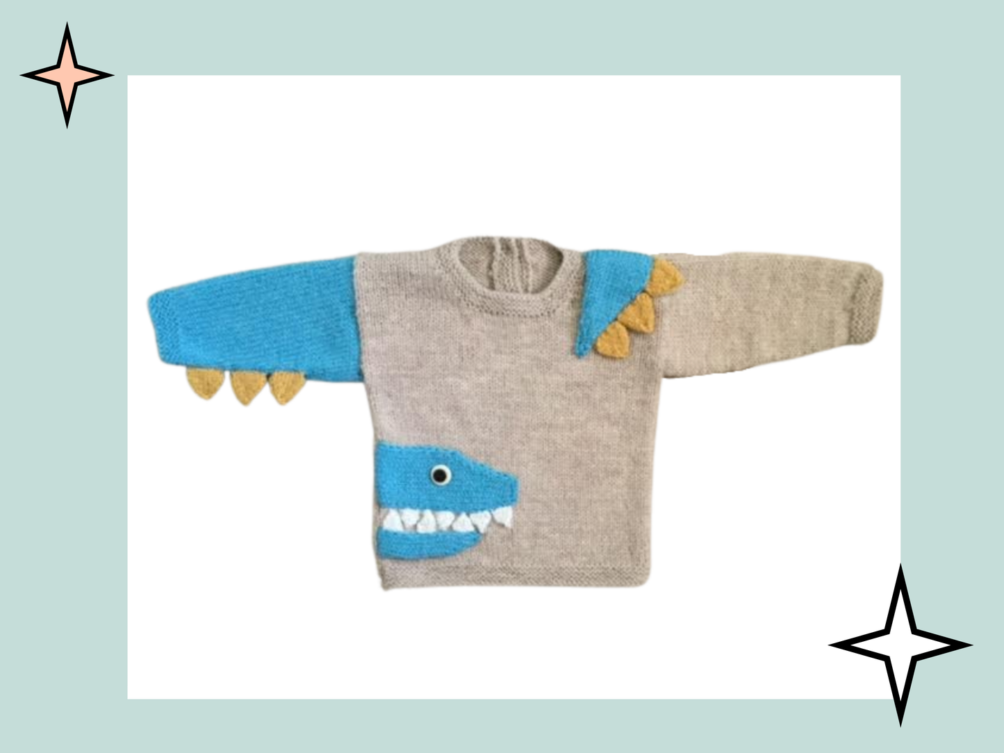 knitting pattern for baby jumper, baby sweater with a crocodile motif, spikes and teeth. knitting pattern for baby sweater, crocodile knitted, knitting pattern, jane burns