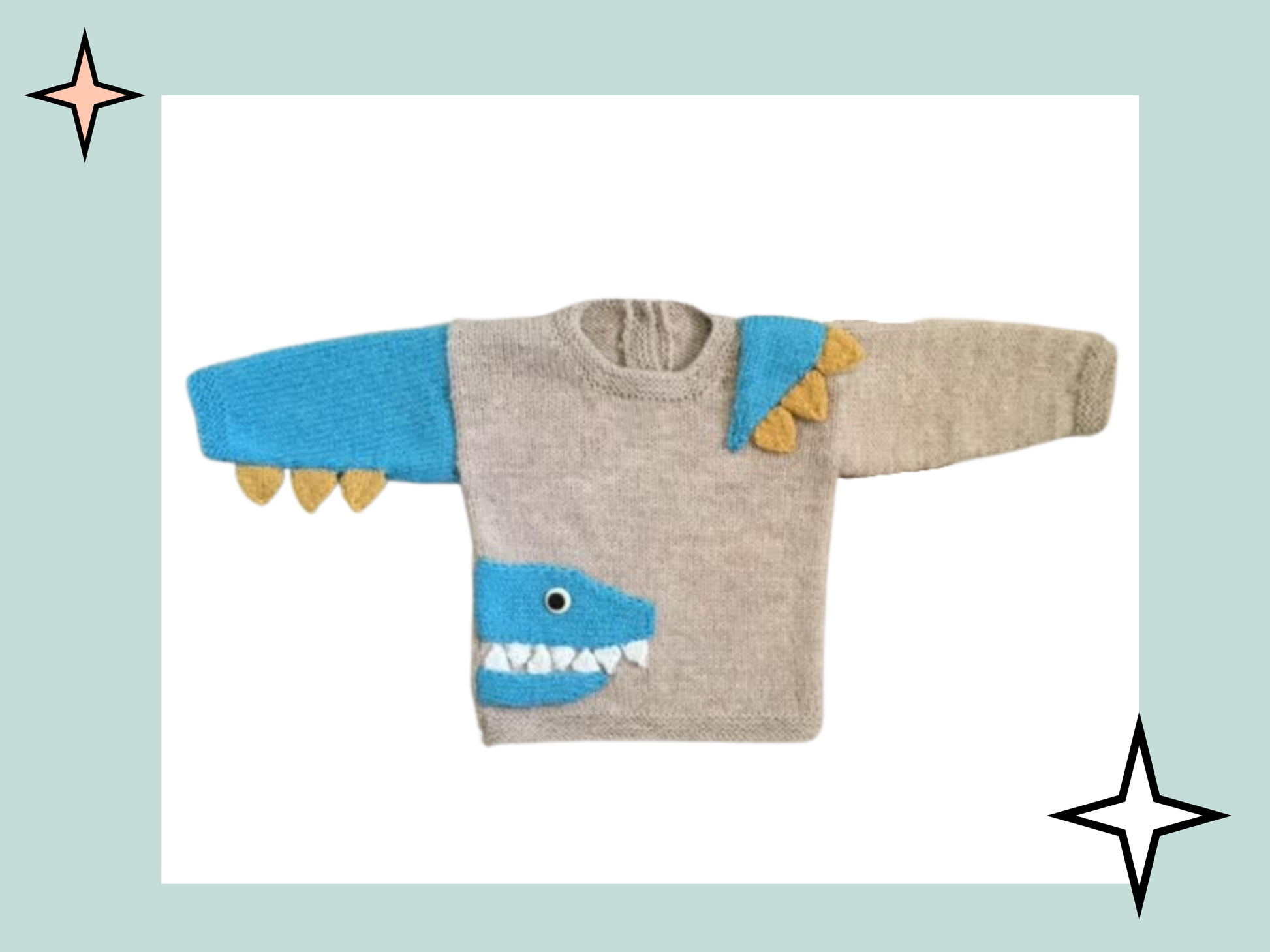 knitting pattern for baby jumper, baby sweater with a crocodile motif, spikes and teeth. knitting pattern for baby sweater, crocodile knitted, knitting pattern, jane burns