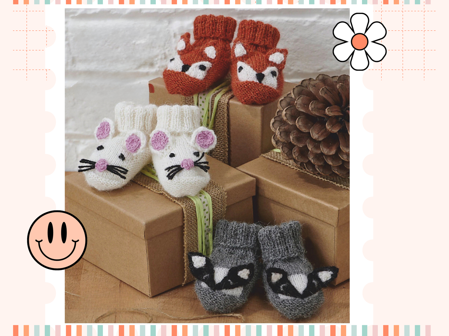 knitting pattern for baby booties, three designs, mouse booties, fox booties and badger baby shoes, knitting pattern for cute woodland animal baby booties