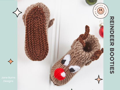 reindeer booties with eyes and large red nose. antlers. brown reindeer booties for baby, boys and girls, baby shoes knitting pattern