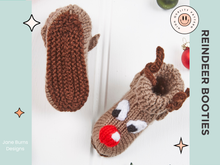 Load image into Gallery viewer, reindeer booties with eyes and large red nose. antlers. brown reindeer booties for baby, boys and girls, baby shoes knitting pattern
