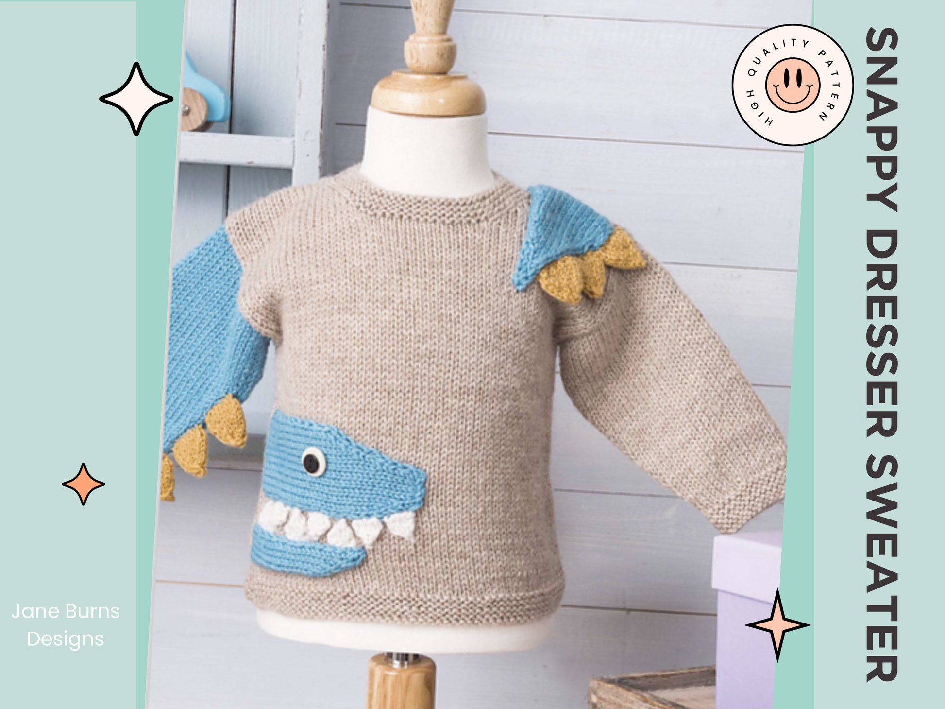 knitting pattern for baby jumper, baby sweater with a crocodile motif, spikes and teeth. knitting pattern for baby sweater, crocodile knitted, knitting pattern, jane burns