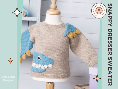 knitting pattern for baby jumper, baby sweater with a crocodile motif, spikes and teeth. knitting pattern for baby sweater, crocodile knitted, knitting pattern, jane burns