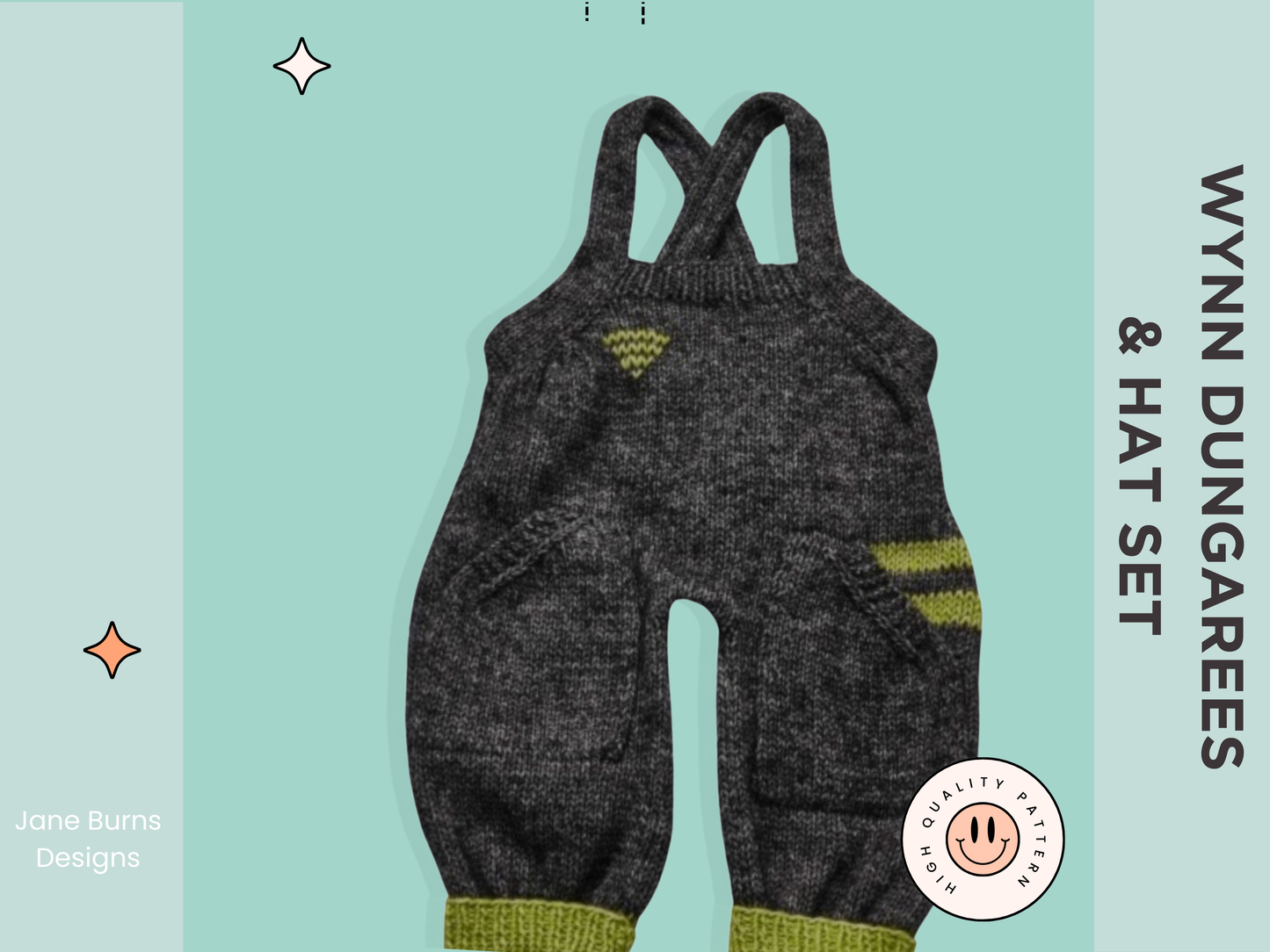 Wynn, knitted baby dungarees romper with pockets and sporty stripes, matching hat knitting pattern,girls, boys, knitted set pattern jane burns