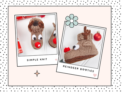 reindeer booties with eyes and large red nose. antlers. brown reindeer booties for baby, boys and girls, baby shoes knitting pattern