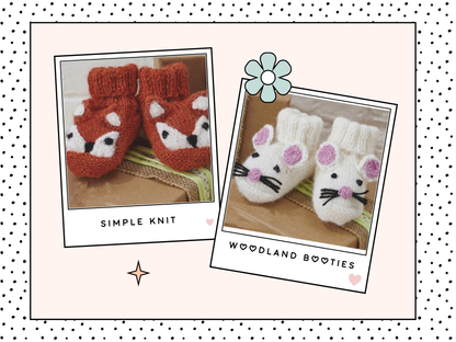 knitting pattern for baby booties, three designs, mouse booties, fox booties and badger baby shoes, knitting pattern for cute woodland animal baby booties