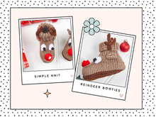 Load image into Gallery viewer, reindeer booties with eyes and large red nose. antlers. brown reindeer booties for baby, boys and girls, baby shoes knitting pattern
