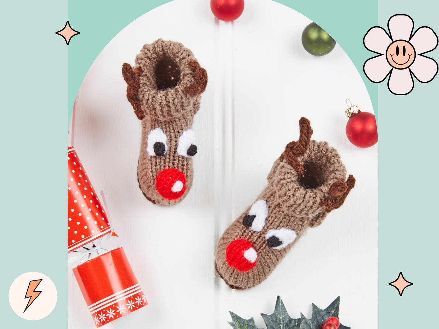 reindeer booties with eyes and large red nose. antlers. brown reindeer booties for baby, boys and girls, baby shoes knitting pattern