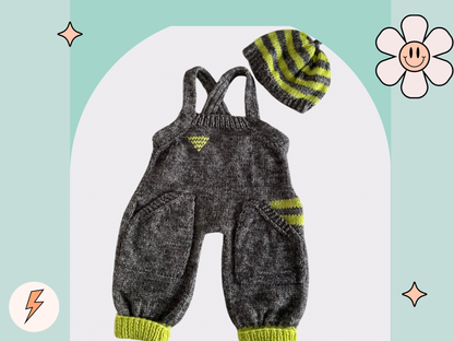 Wynn, knitted baby dungarees romper with pockets and sporty stripes, matching hat knitting pattern,girls, boys, knitted set pattern jane burns