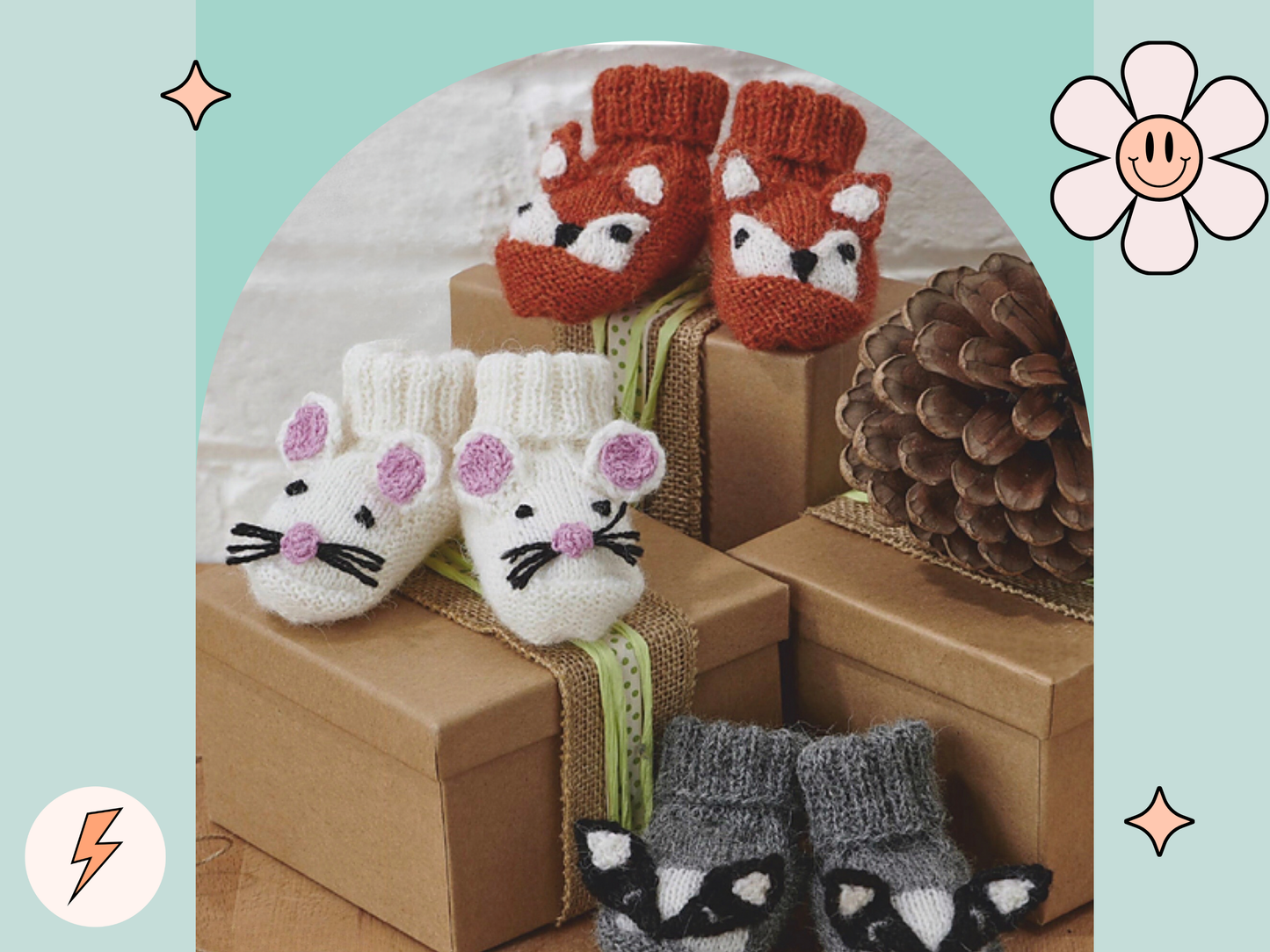 Woodland Booties, Mouse, Fox & Badger Baby Booties - Knitting Pattern