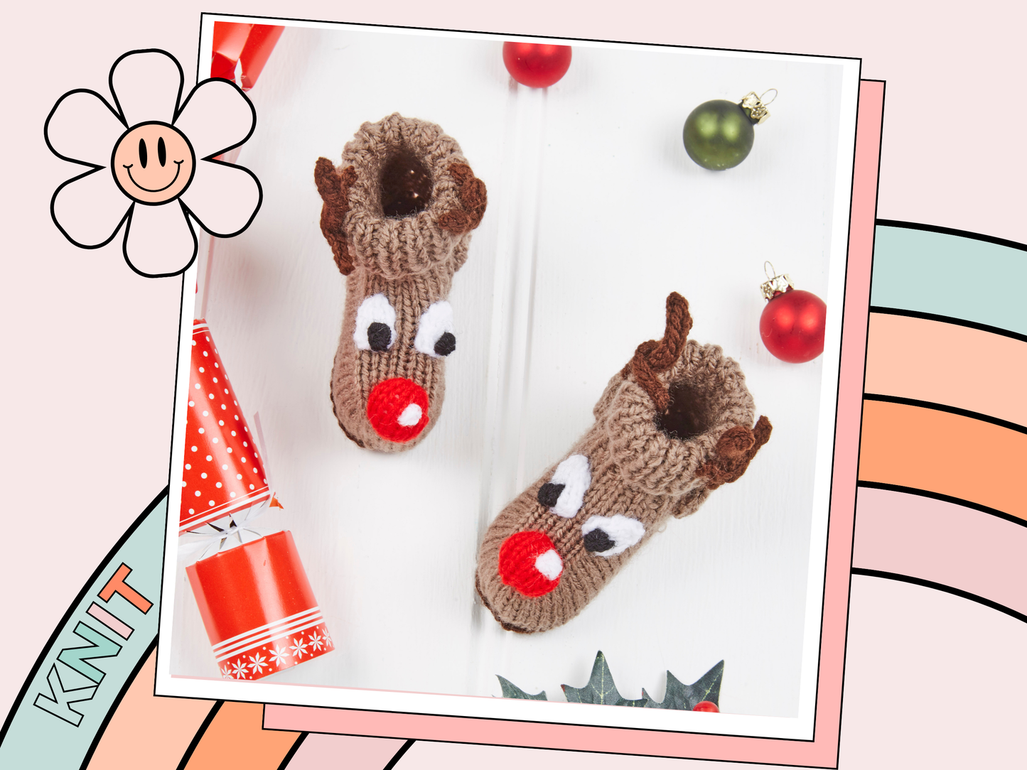 reindeer booties with eyes and large red nose. antlers. brown reindeer booties for baby, boys and girls, baby shoes knitting pattern