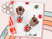 Load image into Gallery viewer, reindeer booties with eyes and large red nose. antlers. brown reindeer booties for baby, boys and girls, baby shoes knitting pattern
