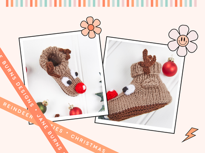 reindeer booties with eyes and large red nose. antlers. brown reindeer booties for baby, boys and girls, baby shoes knitting pattern