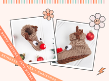 Load image into Gallery viewer, reindeer booties with eyes and large red nose. antlers. brown reindeer booties for baby, boys and girls, baby shoes knitting pattern
