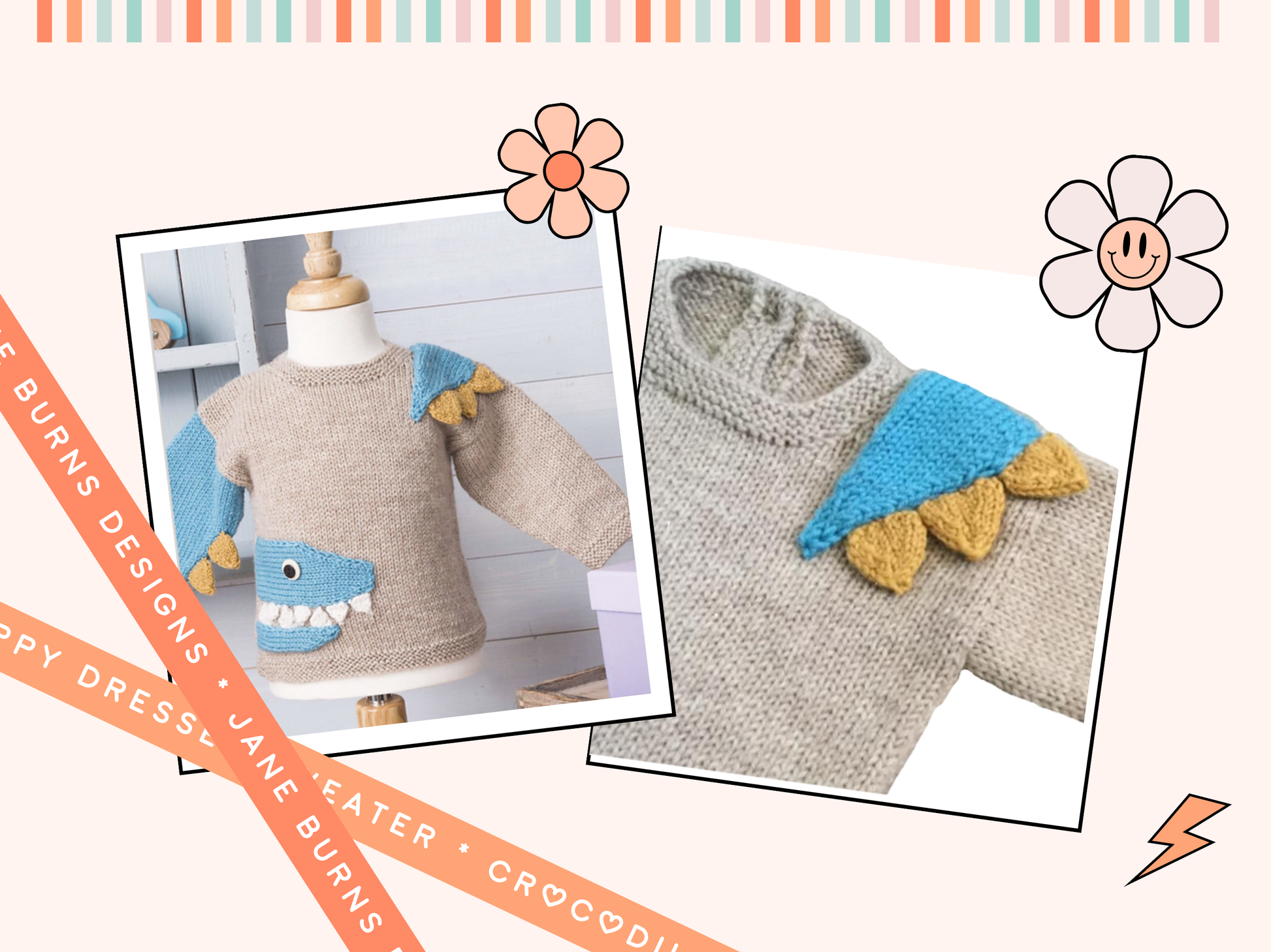 knitting pattern for baby jumper, baby sweater with a crocodile motif, spikes and teeth. knitting pattern for baby sweater, crocodile knitted, knitting pattern, jane burns