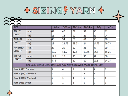 yarn requirements and sizing info chart for knitting pattern for baby jumper, baby sweater with a crocodile motif, spikes and teeth. knitting pattern for baby sweater, crocodile knitted, knitting pattern, jane burns