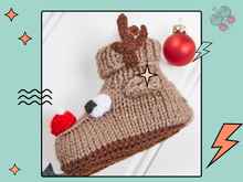 Load image into Gallery viewer, reindeer booties with eyes and large red nose. antlers. brown reindeer booties for baby, boys and girls, baby shoes knitting pattern
