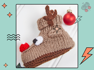 reindeer booties with eyes and large red nose. antlers. brown reindeer booties for baby, boys and girls, baby shoes knitting pattern