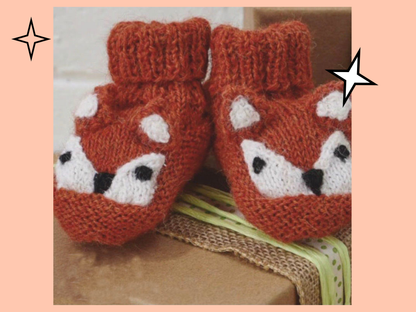 knitting pattern for baby booties, fox bootees, animal booties