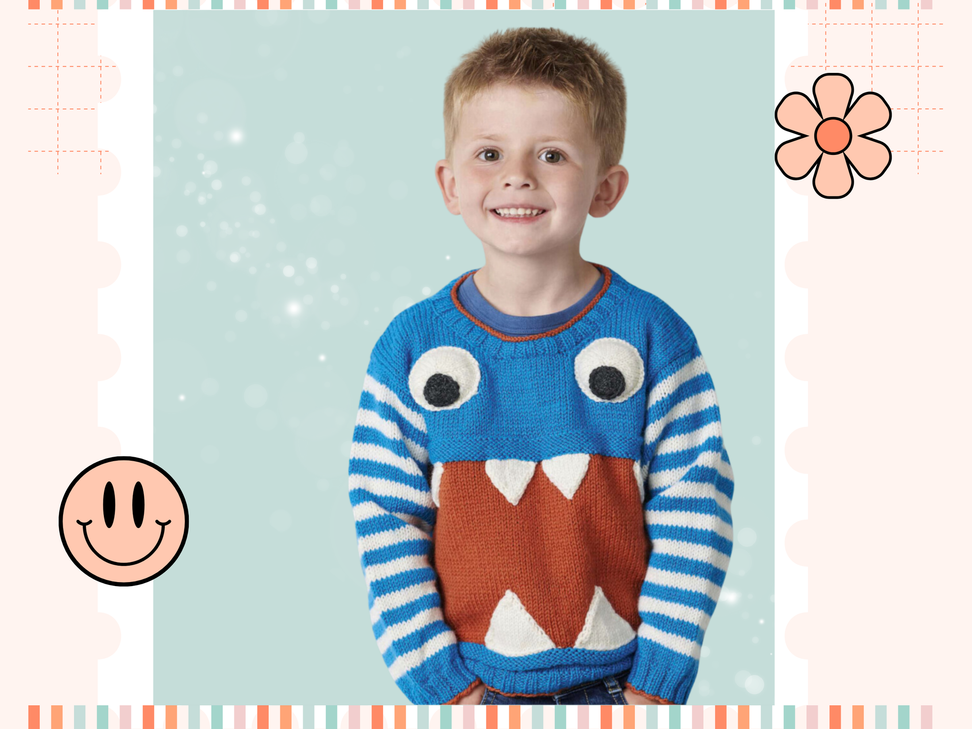 Monstrous kids sweater knitting pattern, a blue sweater with striped sleeves. A large red section across the tummy with knitted teeth and large googly eyes makes this jumper both cute and terrifying, no intarsia. Knitting pattern by Jane Burn