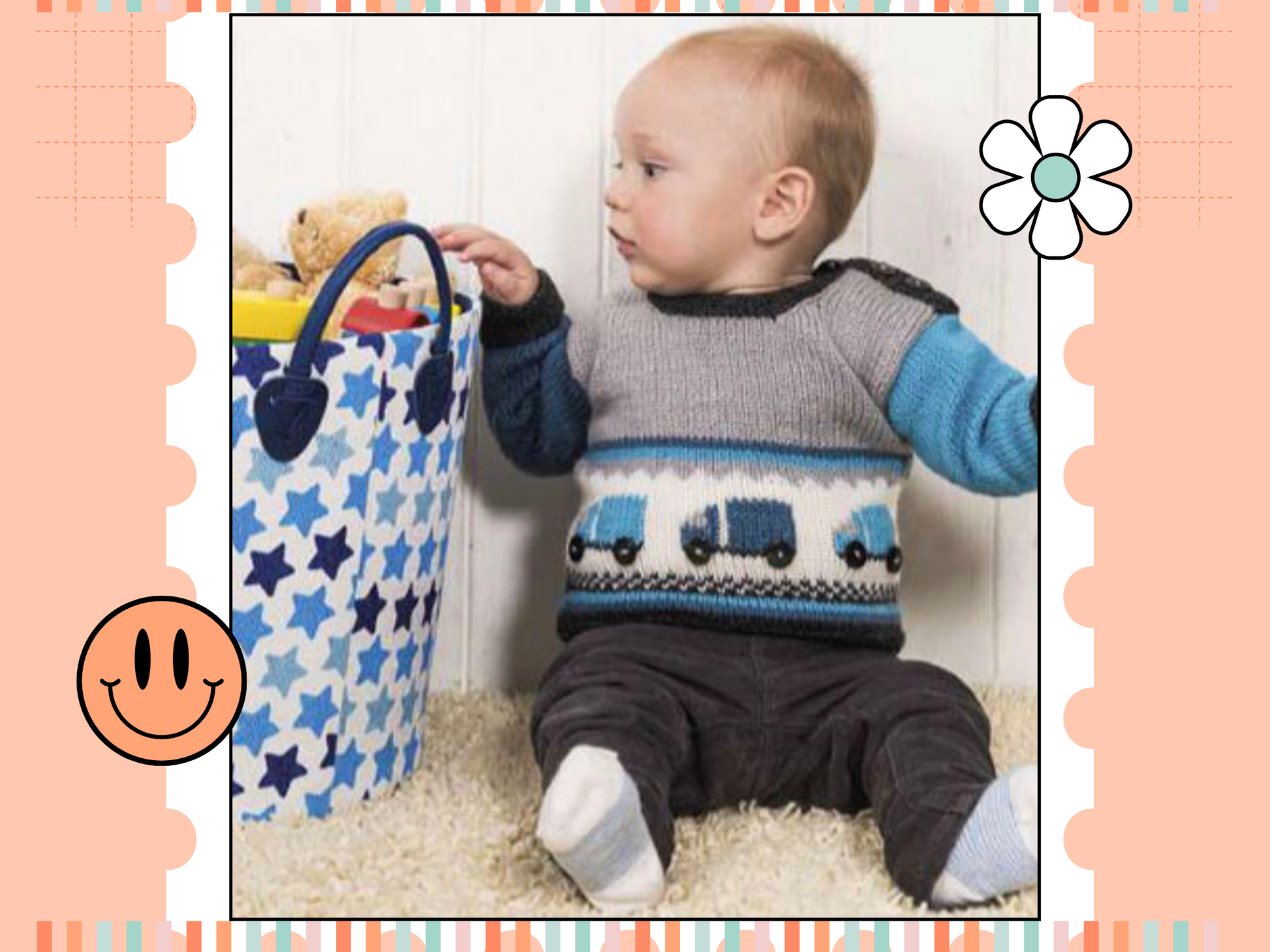 A baby sweater with button fastening either side of neck. Grey body with blue sleeves. a white panel runs across the front with intarsia lorries with button wheels, a checkboard banner and stripes finish the bottom. knitting pattern