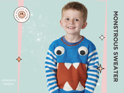 Monstrous kids sweater knitting pattern, a blue sweater with striped sleeves. A large red section across the tummy with knitted teeth and large googly eyes makes this jumper both cute and terrifying, no intarsia. Knitting pattern by Jane Burn