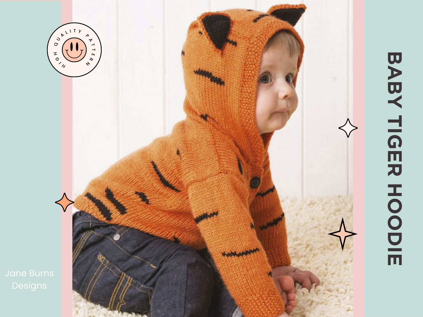 baby hooded cardigan knitting pattern, tiger cardigan knitting pattern, jane burns