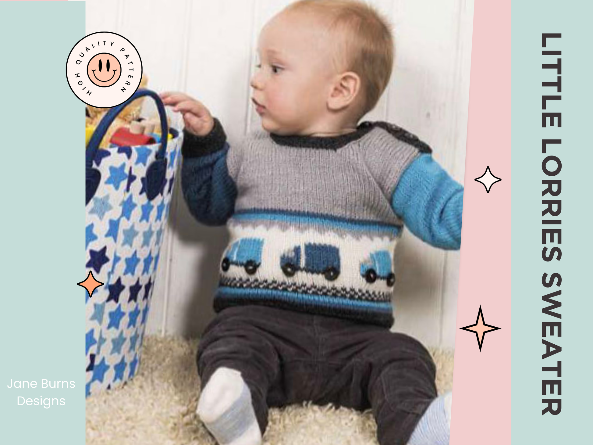 A baby sweater with button fastening either side of neck. Grey body with blue sleeves. a white panel runs across the front with intarsia lorries with button wheels, a checkboard banner and stripes finish the bottom. knitting pattern