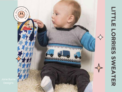 A baby sweater with button fastening either side of neck. Grey body with blue sleeves. a white panel runs across the front with intarsia lorries with button wheels, a checkboard banner and stripes finish the bottom. knitting pattern