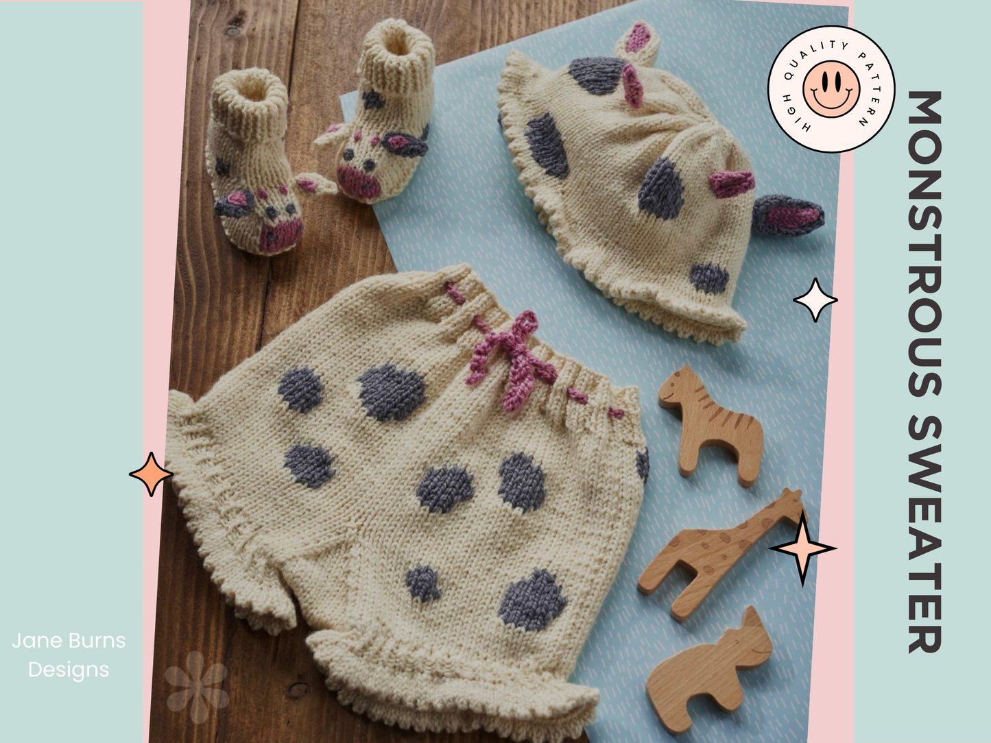 Mootiful Cow Baby Set, Baby Hat, Shoes & Pants Cow Print Collection - Knitting Pattern