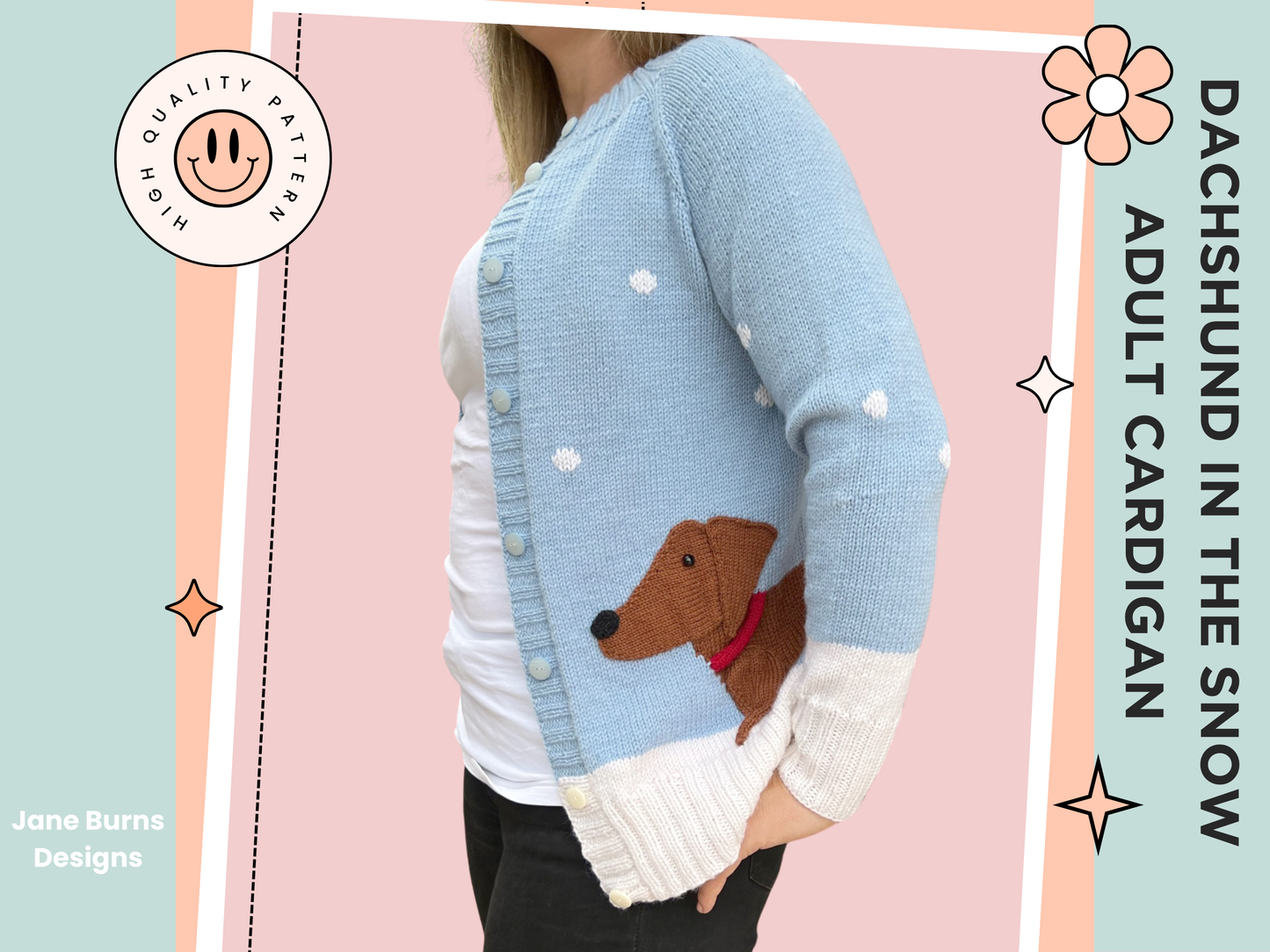 DACHSHUND IN THE SNOW seamless top down cardigan sized to fit adults. Intarsia panel and applique pieces bring this sausage dog to life. knitting pattern, download, jane burns, christmas jumper