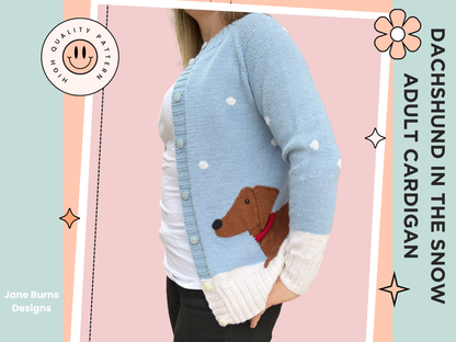 DACHSHUND IN THE SNOW seamless top down cardigan sized to fit adults. Intarsia panel and applique pieces bring this sausage dog to life. knitting pattern, download, jane burns, christmas jumper